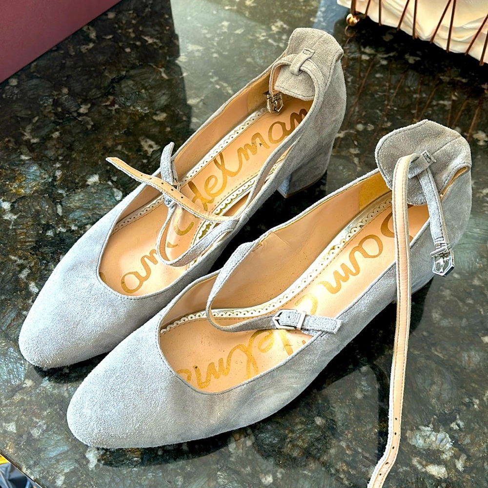 Gray suede Sam Edelman block heels